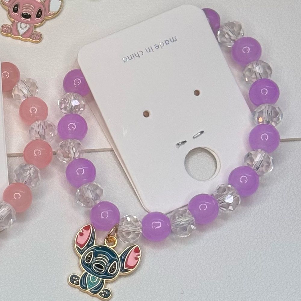 Colorful Kids Beaded Stretch Bracelet Purple beads green charm